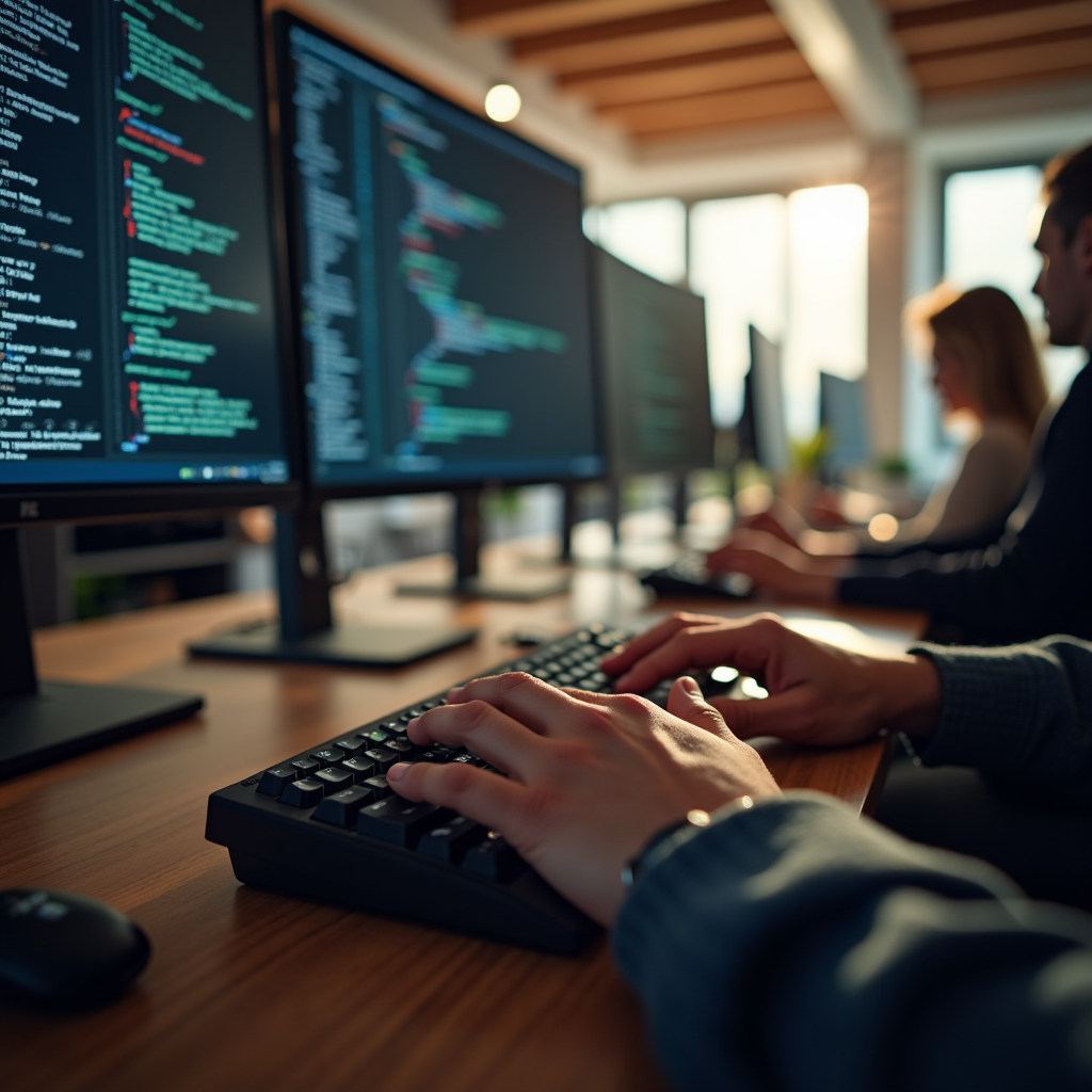 Overhead angle of a developer’s hands typing rapidly on a me