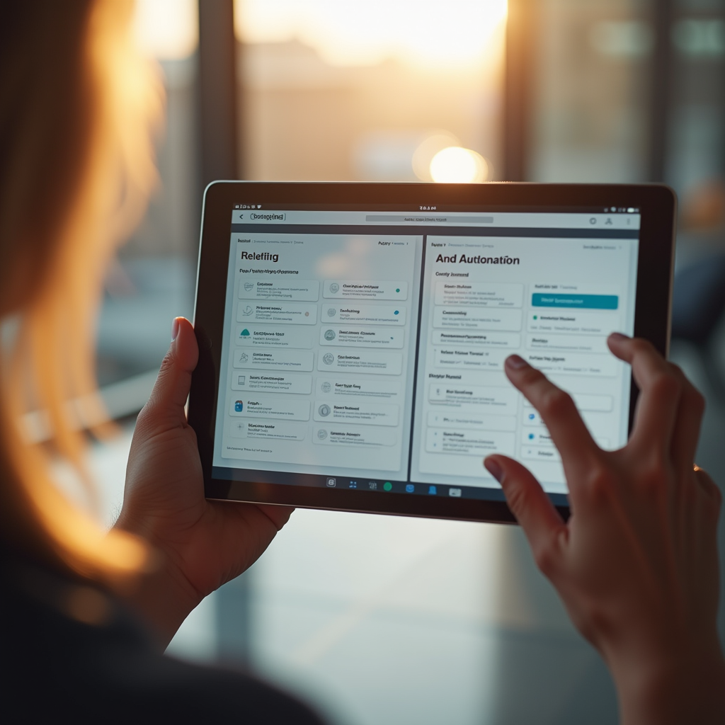 Hand holding a tablet displaying a split-screen software int