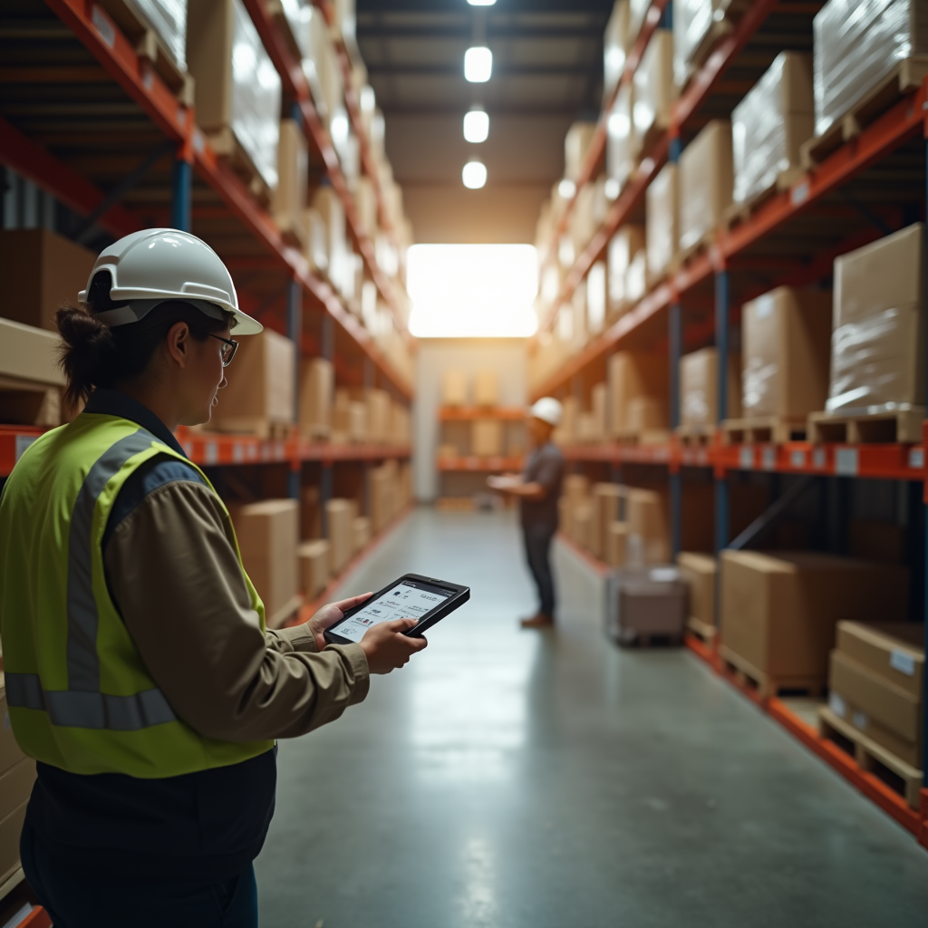 Wide angle view of a warehouse worker scanning packages with