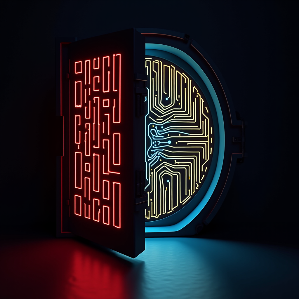 A large vault door opening to reveal an illuminated circuit