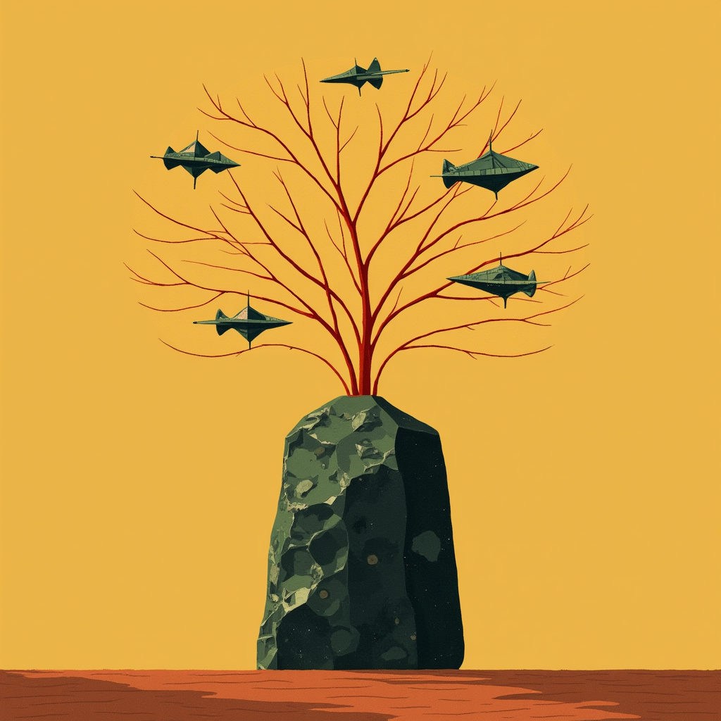 A polished obsidian monolith sprouting delicate branches of