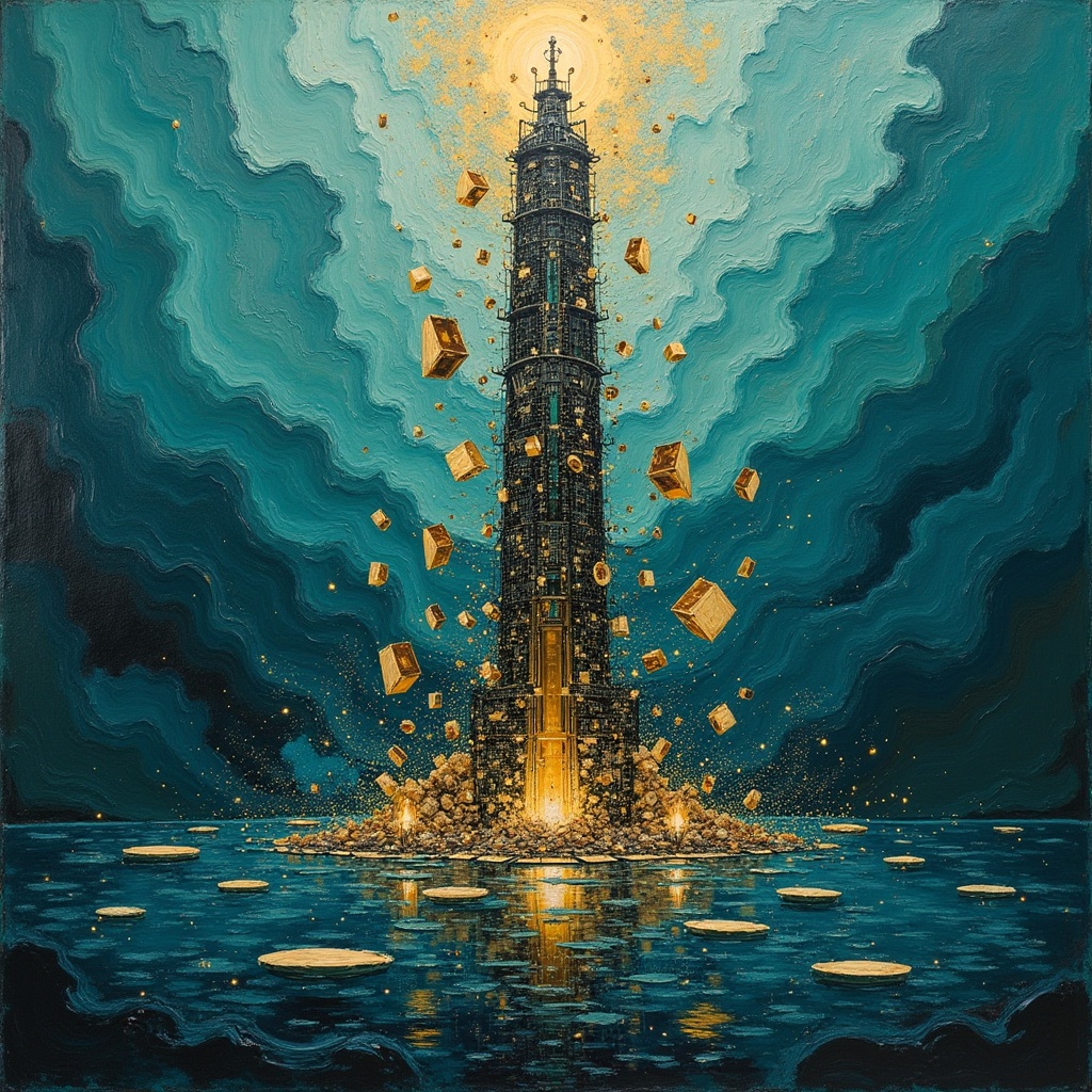 A towering alloy launch tower fracturing into cascading shee