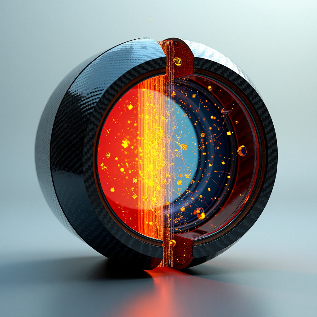 A sleek carbon-fiber core splitting open to reveal a luminou