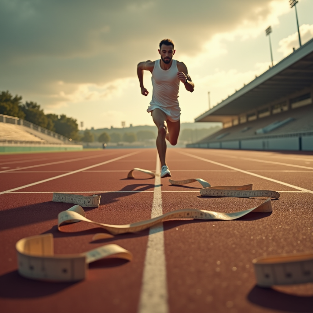 A silver athlete sprints down a running track while tangled
