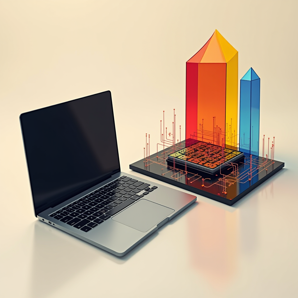 A sleek laptop positioned beside a complex crystalline quant