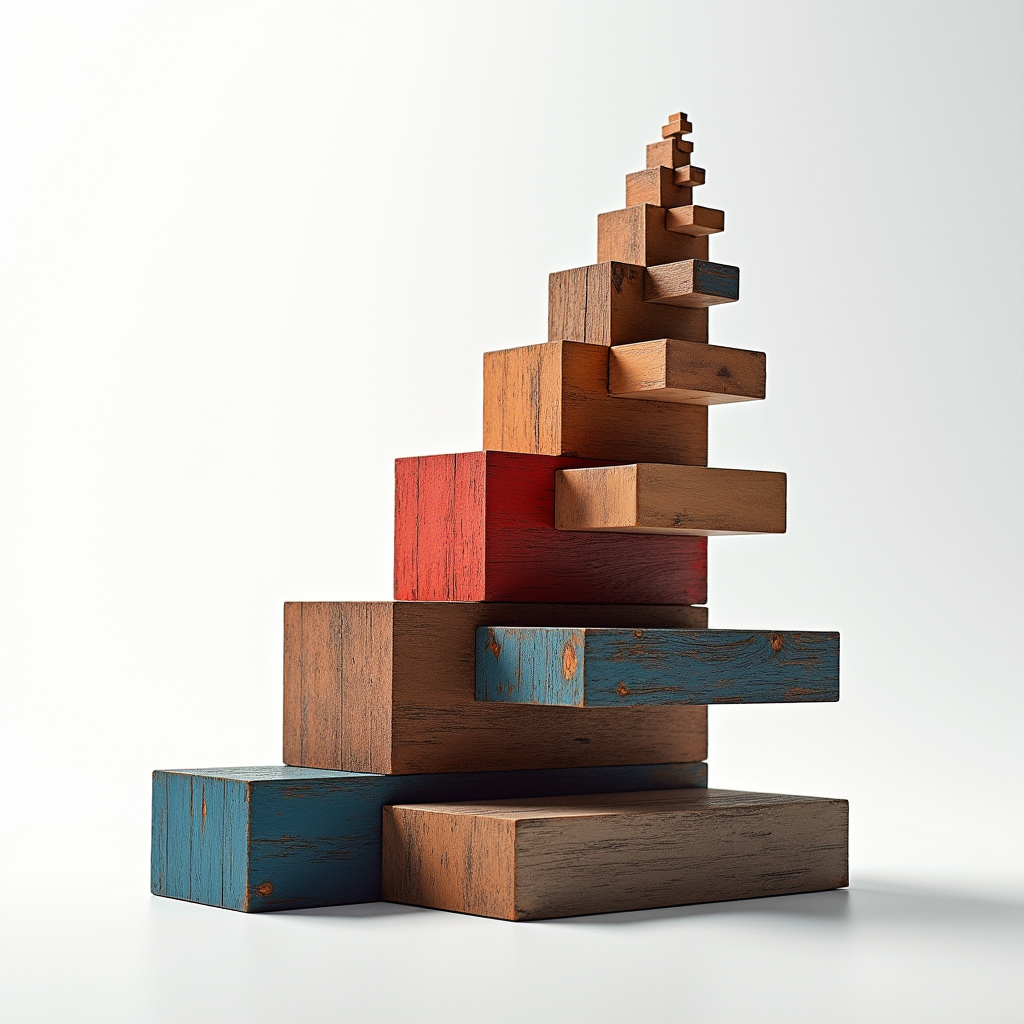 A stack of heavy wooden blocks decreasing in precise geometr