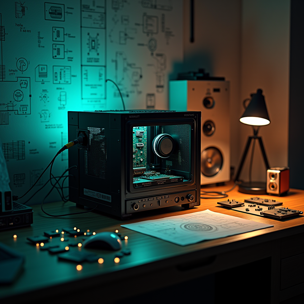 A modular computer workstation sits on a wooden desk, surrou