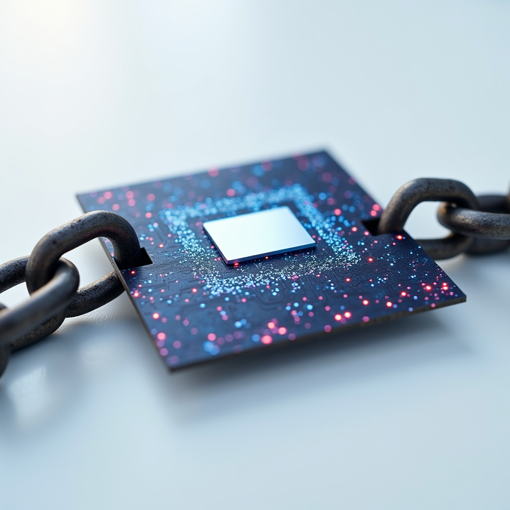 A heavy iron chain snaps apart to reveal a sleek AI accelera