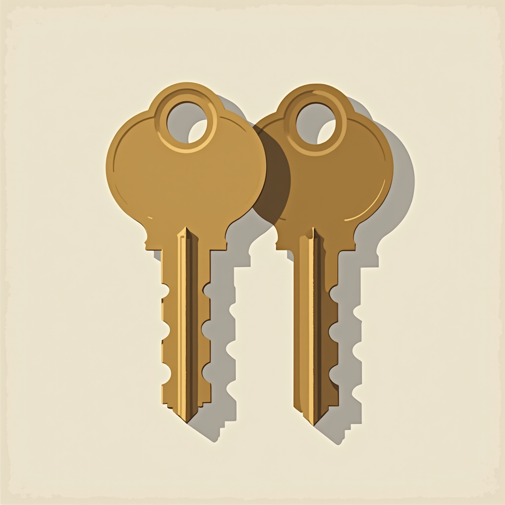 Interlocking brass keys sliding into matching recessed groov