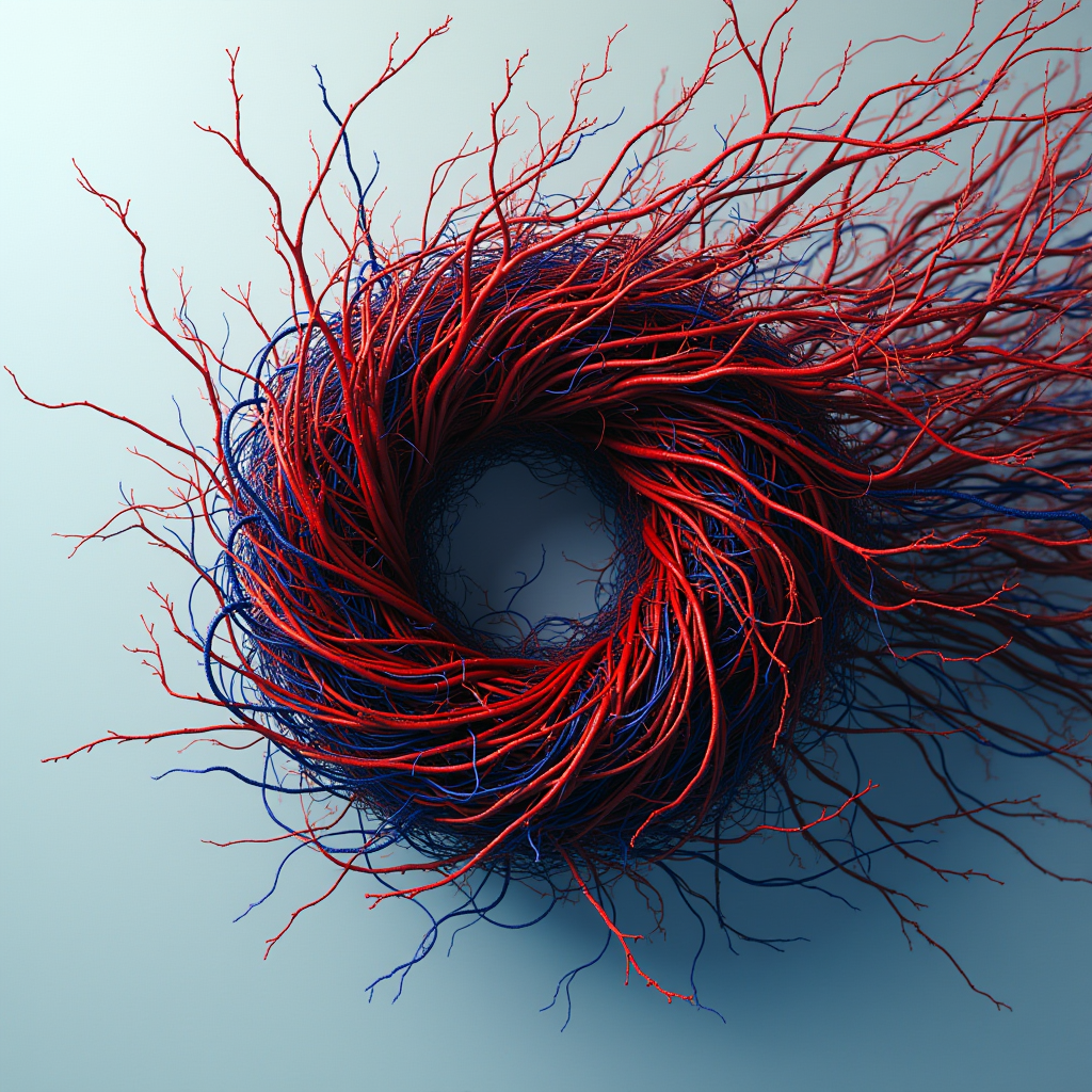 A tangled knot of dried vines slowly unraveling into six per