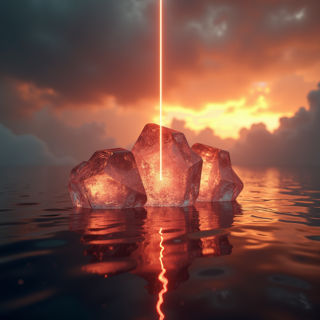 A cluster of translucent geometric prisms floating above a d