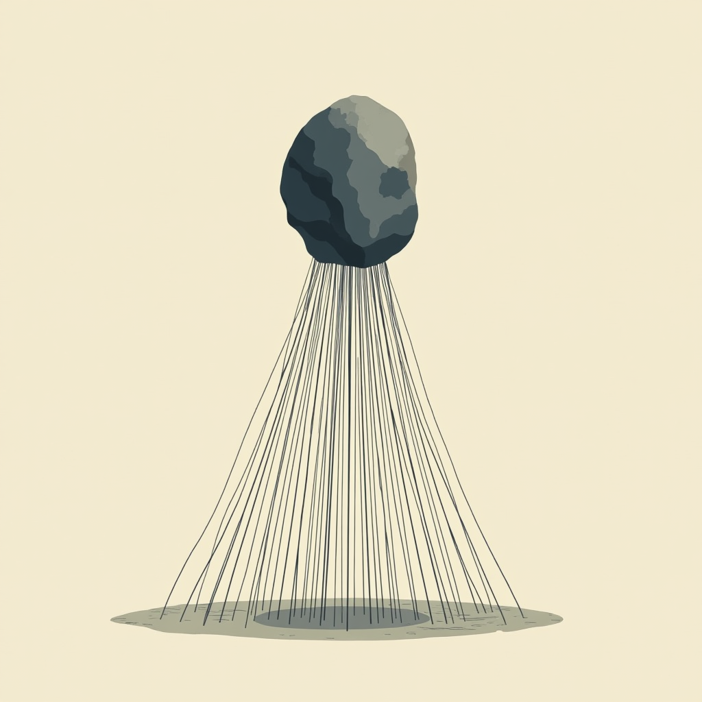 A single heavy stone suspended above a web of tensioned wire