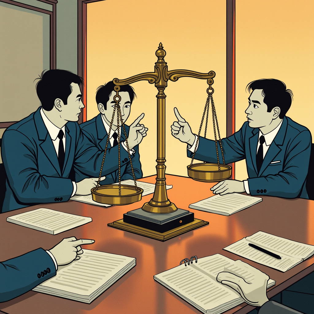 A polished meeting table with executives pointing at a heavy