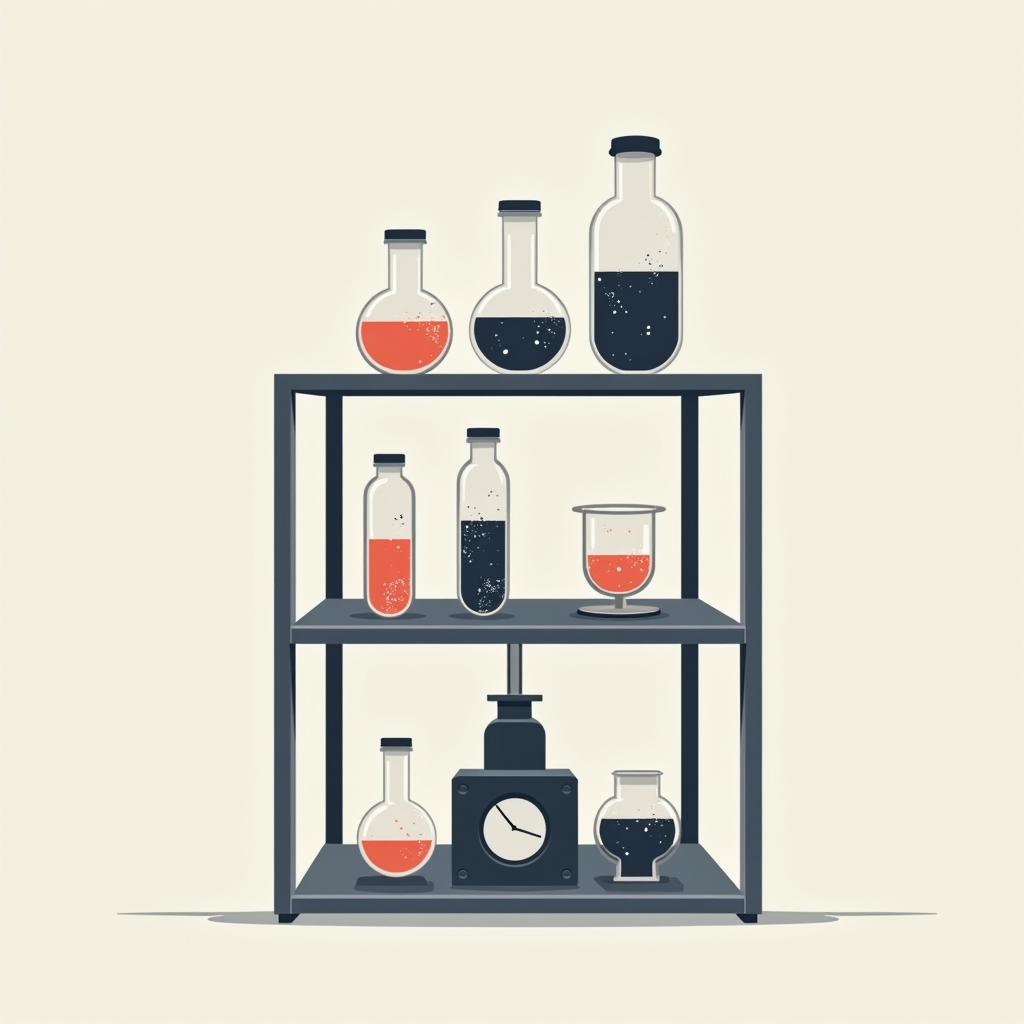 A steel laboratory shelf holding glass test tubes filled wit