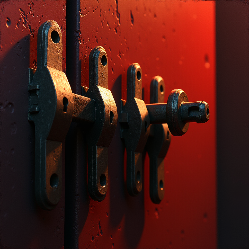 A single copper key sliding into three separate locks simult