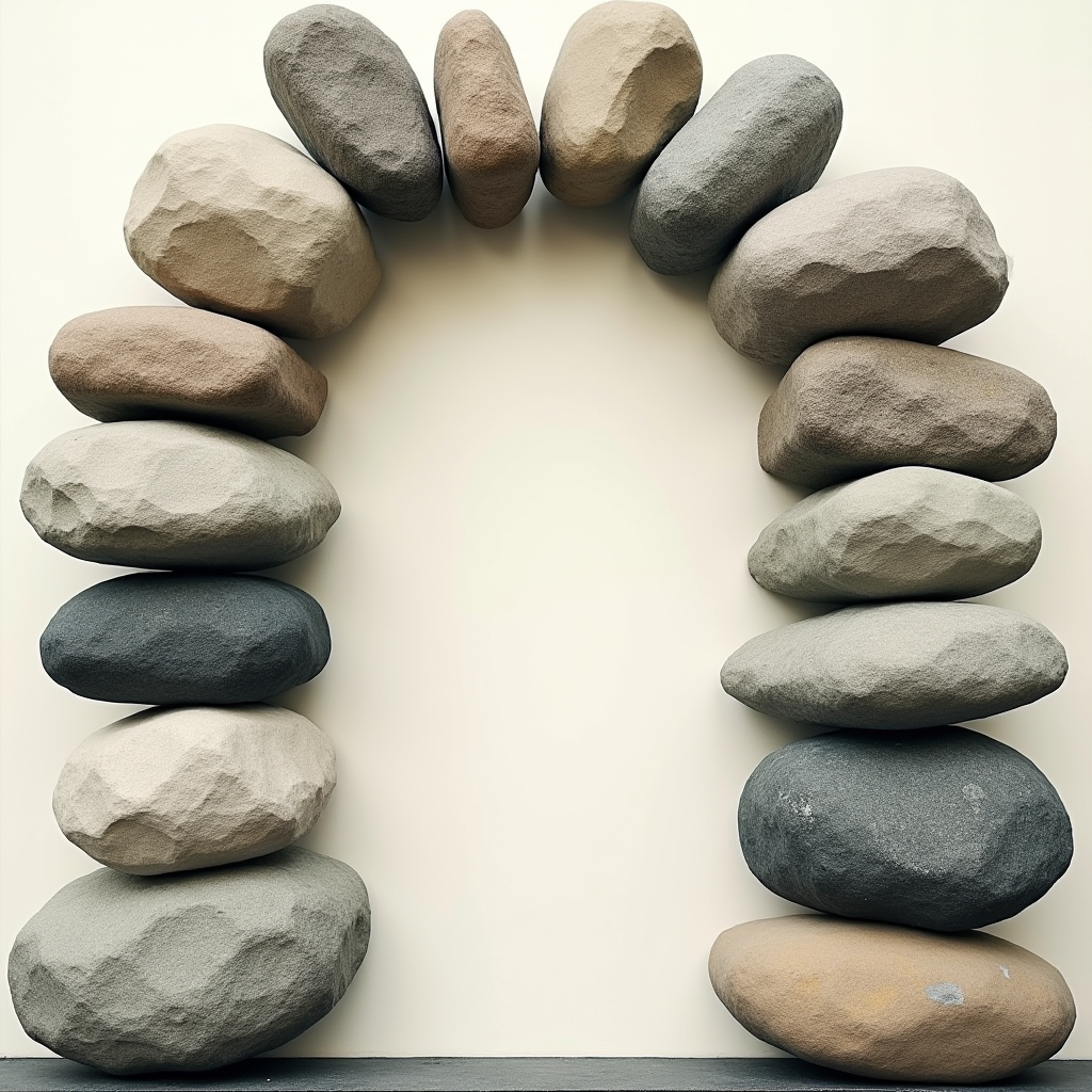 Floating stone blocks settling into a unified archway, their