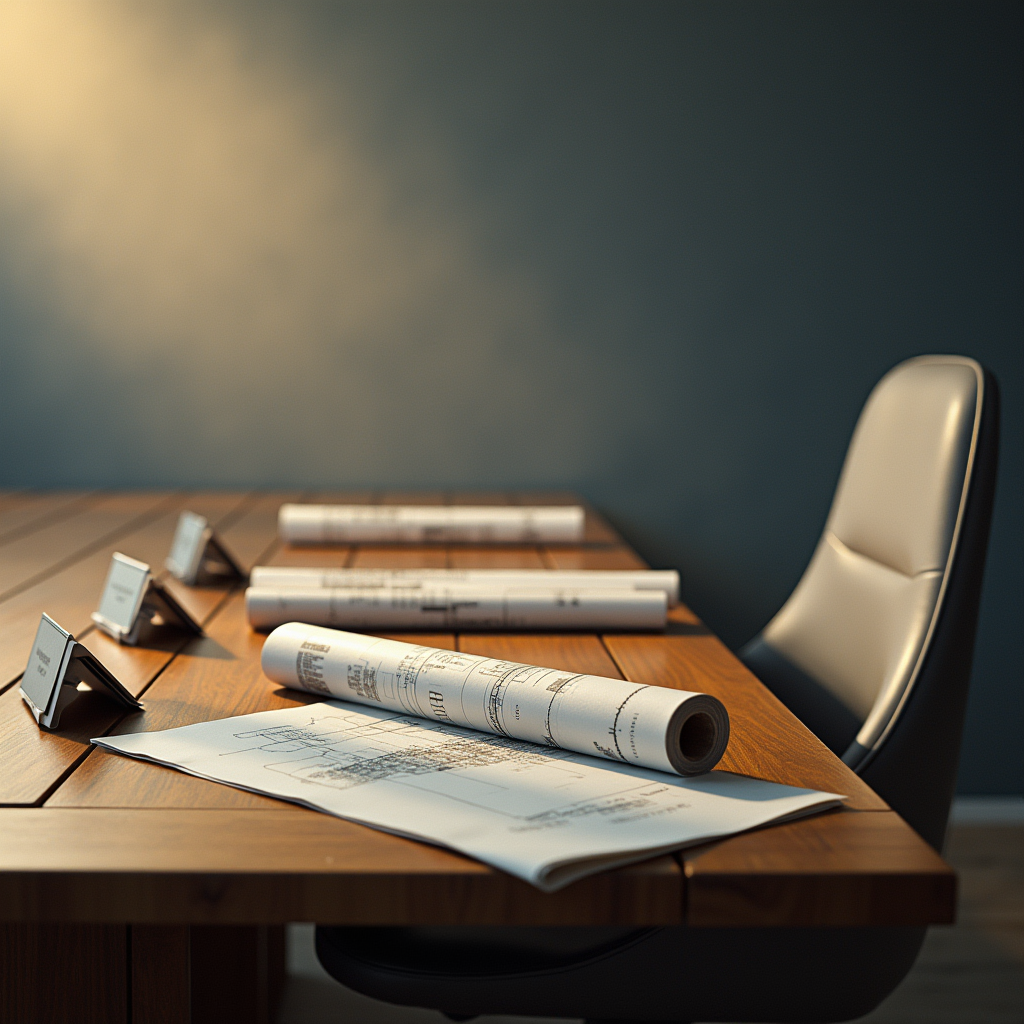 A long wooden table covered with rolled blueprints, silver p