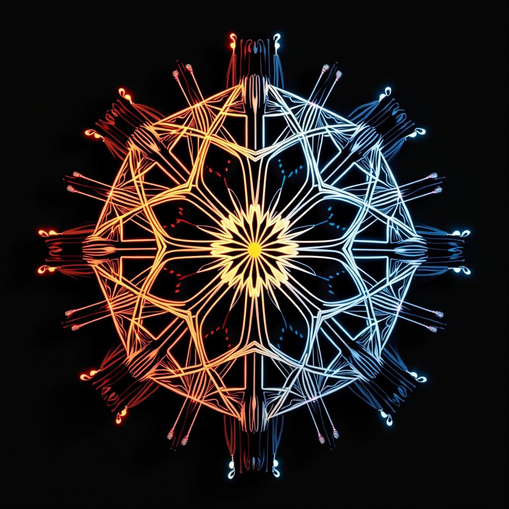 Dense geometric lattice where luminous threads interlock wit