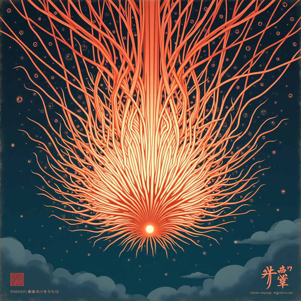 Vast network of glowing filaments collapsing inward, transfo