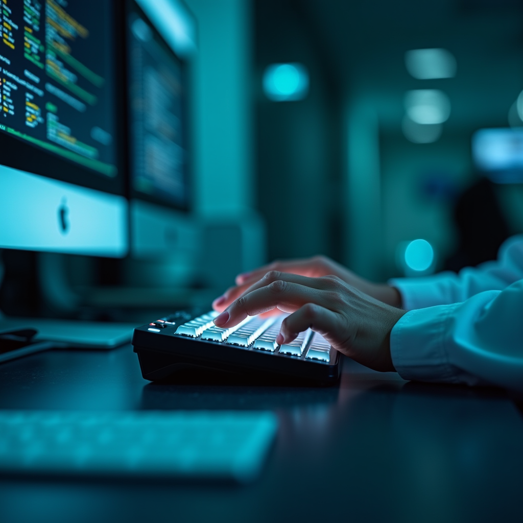 Engineer hands typing on a backlit mechanical keyboard besid