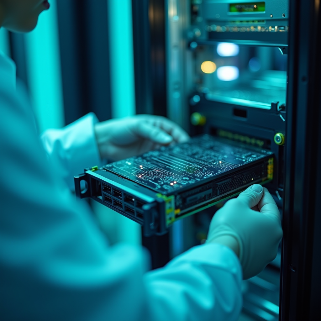 Sleek black server blade being placed into a glowing metal c