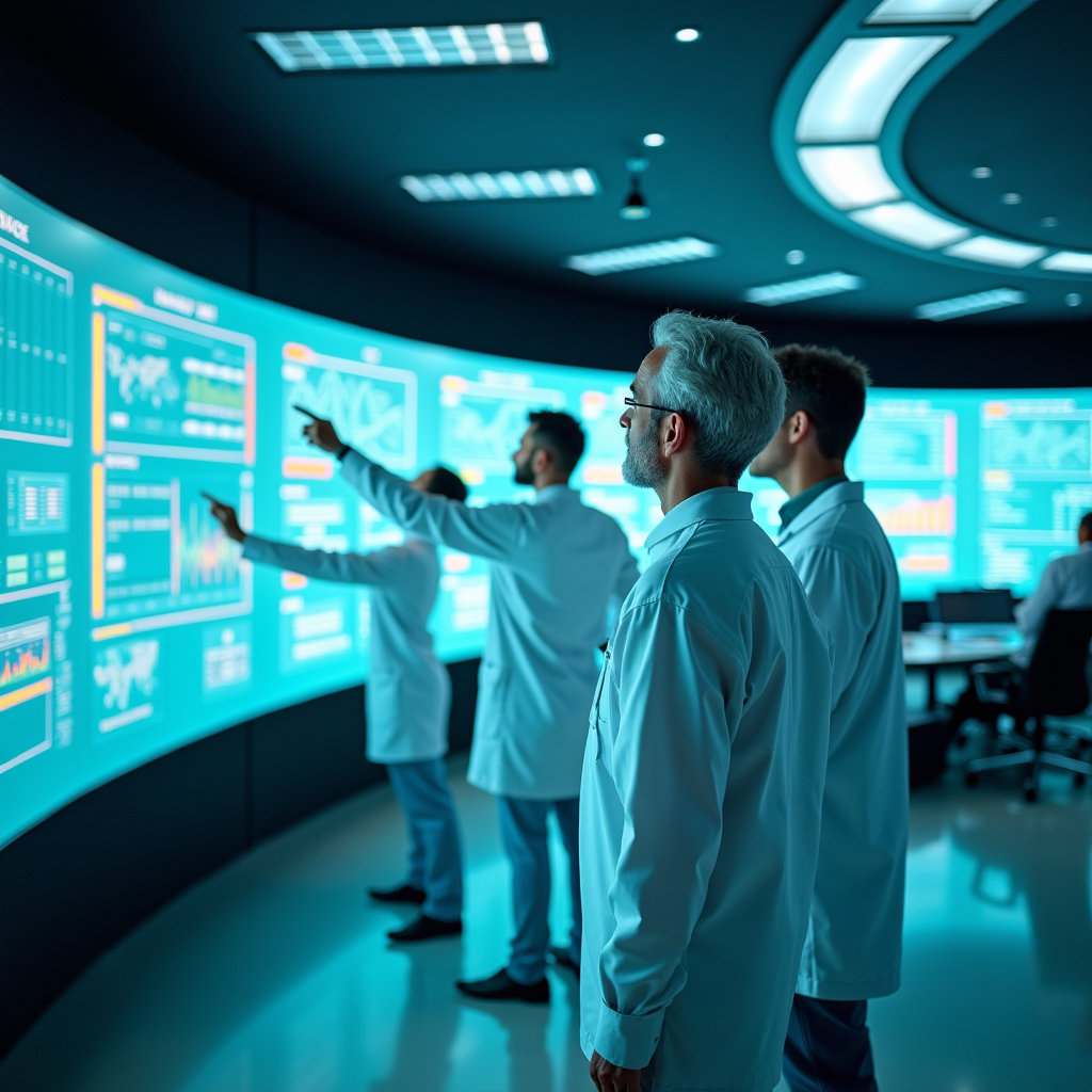 Three engineers pointing at a curved wall of live monitoring