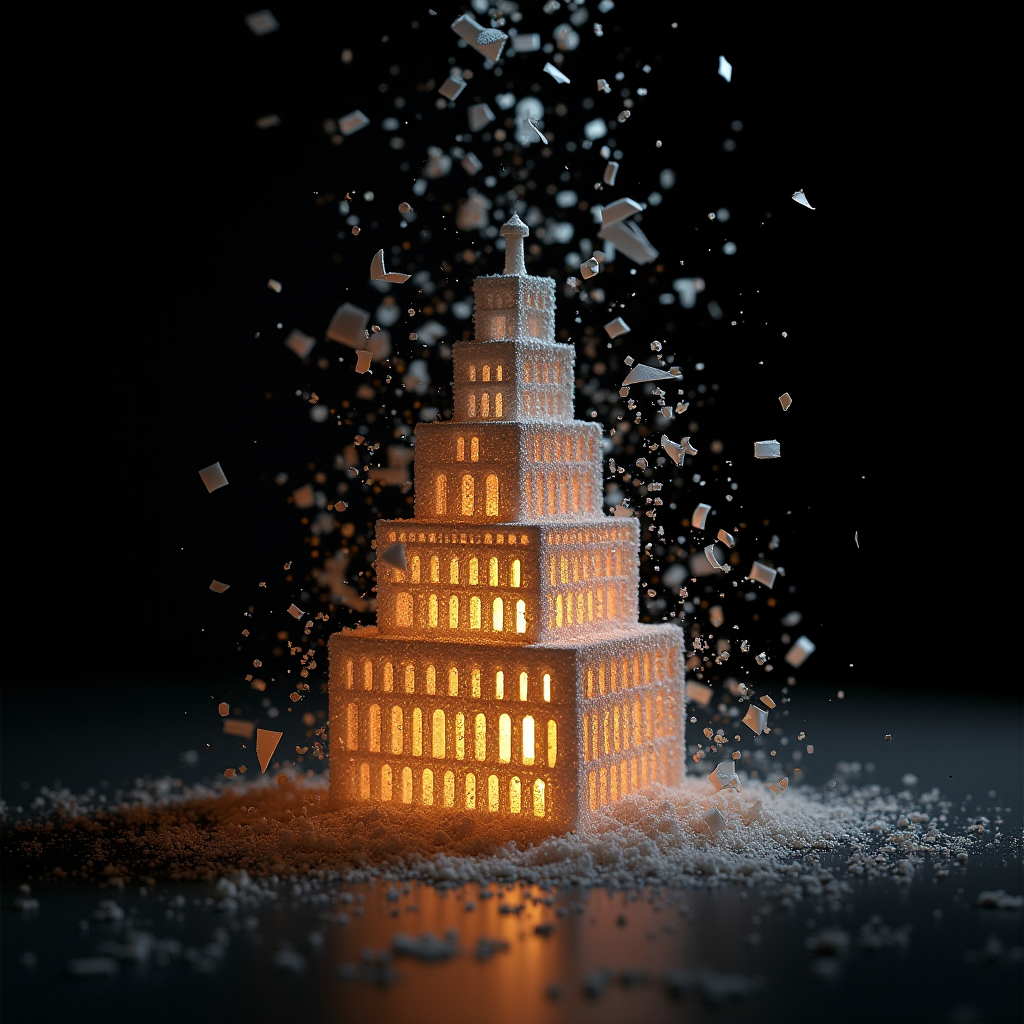 Scattered luminous shards rotating in midair, suddenly locki