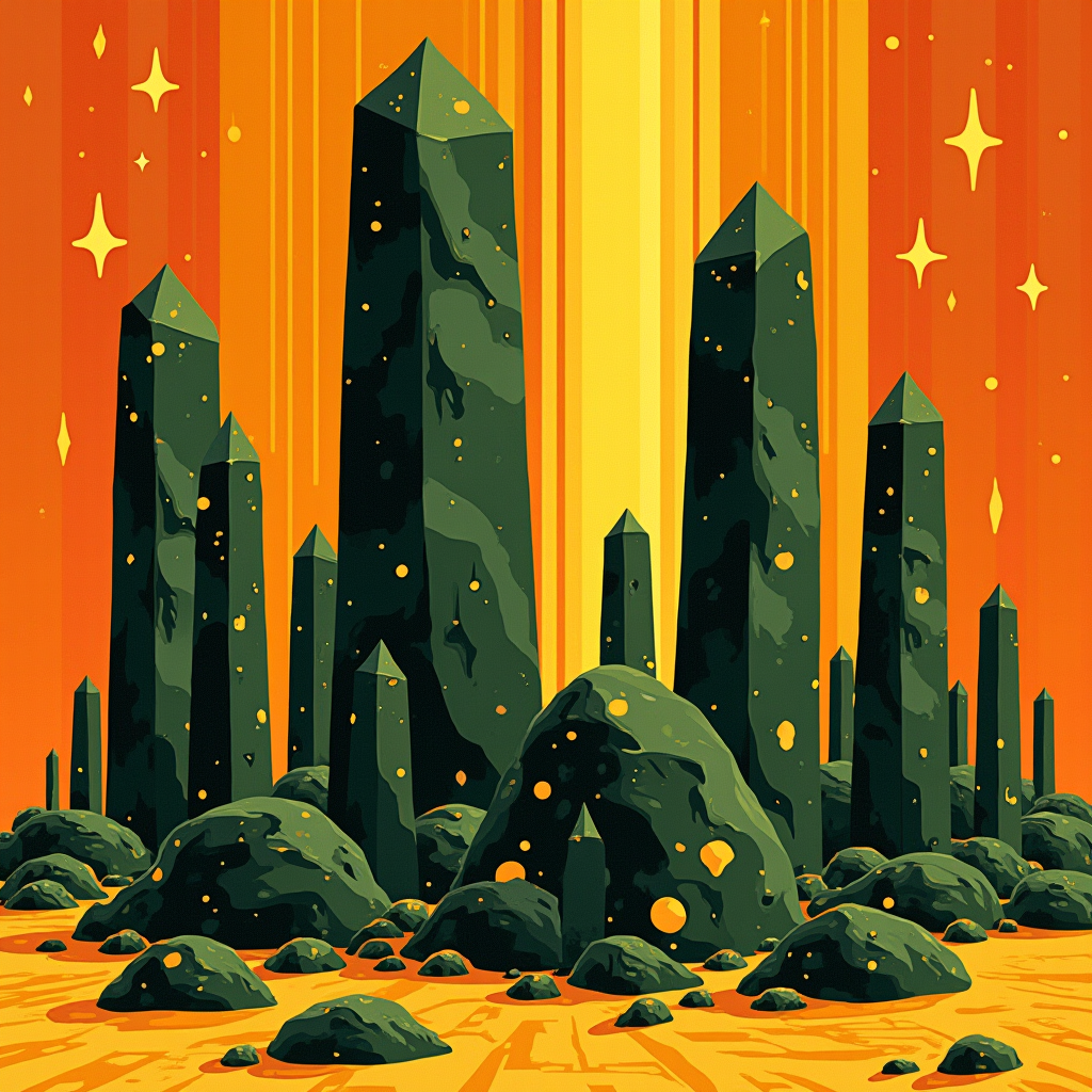 A cluster of faceted obsidian monoliths absorbing falling dr