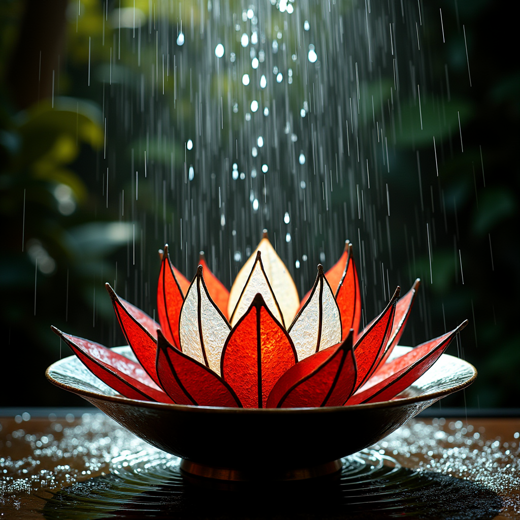 Heavy raindrops striking a still bronze basin and instantly