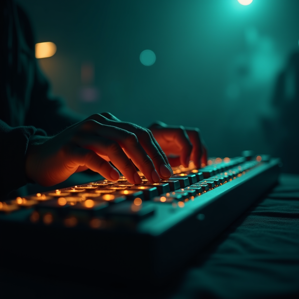 Close-up of hands typing on a backlit mechanical keyboard, l