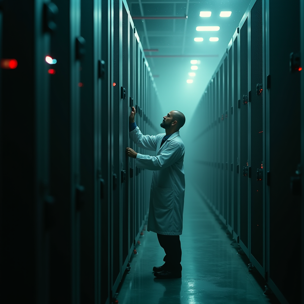 Researcher in a white coat calibrating a towering server rac