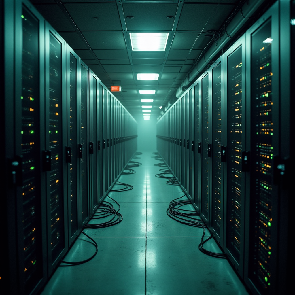Wide shot of a massive data center with rows of blinking ser