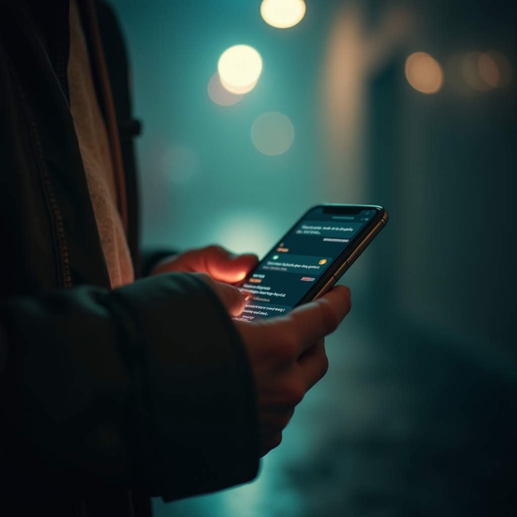Person holding a smartphone, thumb hovering over a chat app 