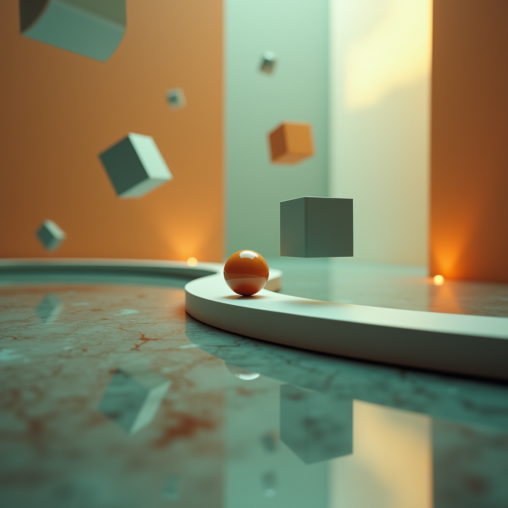A polished marble rolling down a curved track, gently nudgin