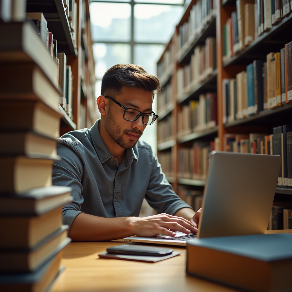Researcher in a modern library, hands resting on an open lap