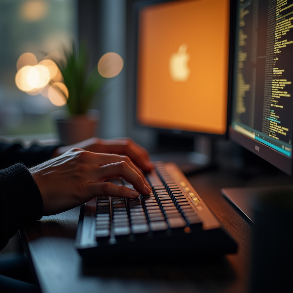 Close-up of hands typing rapidly on a mechanical keyboard, g