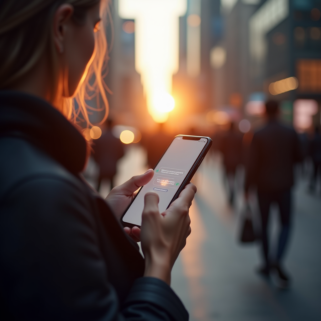 Person holding a smartphone, thumb hovering over a glowing c