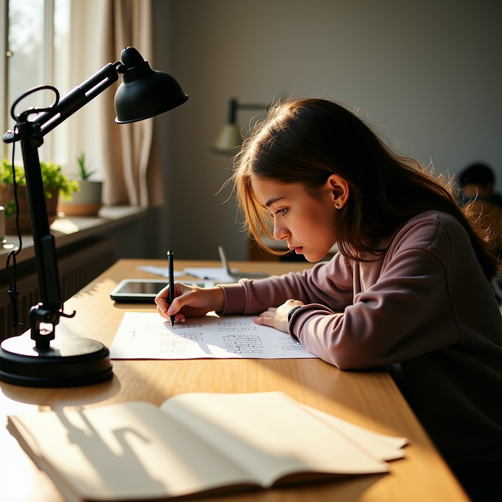 Student leaning over a wooden desk, pen poised over a multip