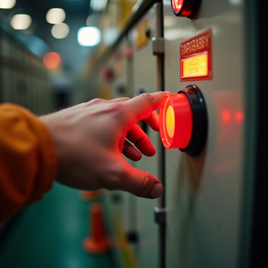 Close-up of a human hand pressing a physical red emergency s