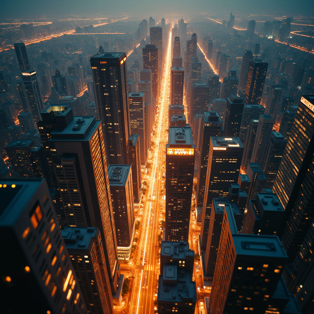 Aerial view of a sprawling city grid at night with pulsing f