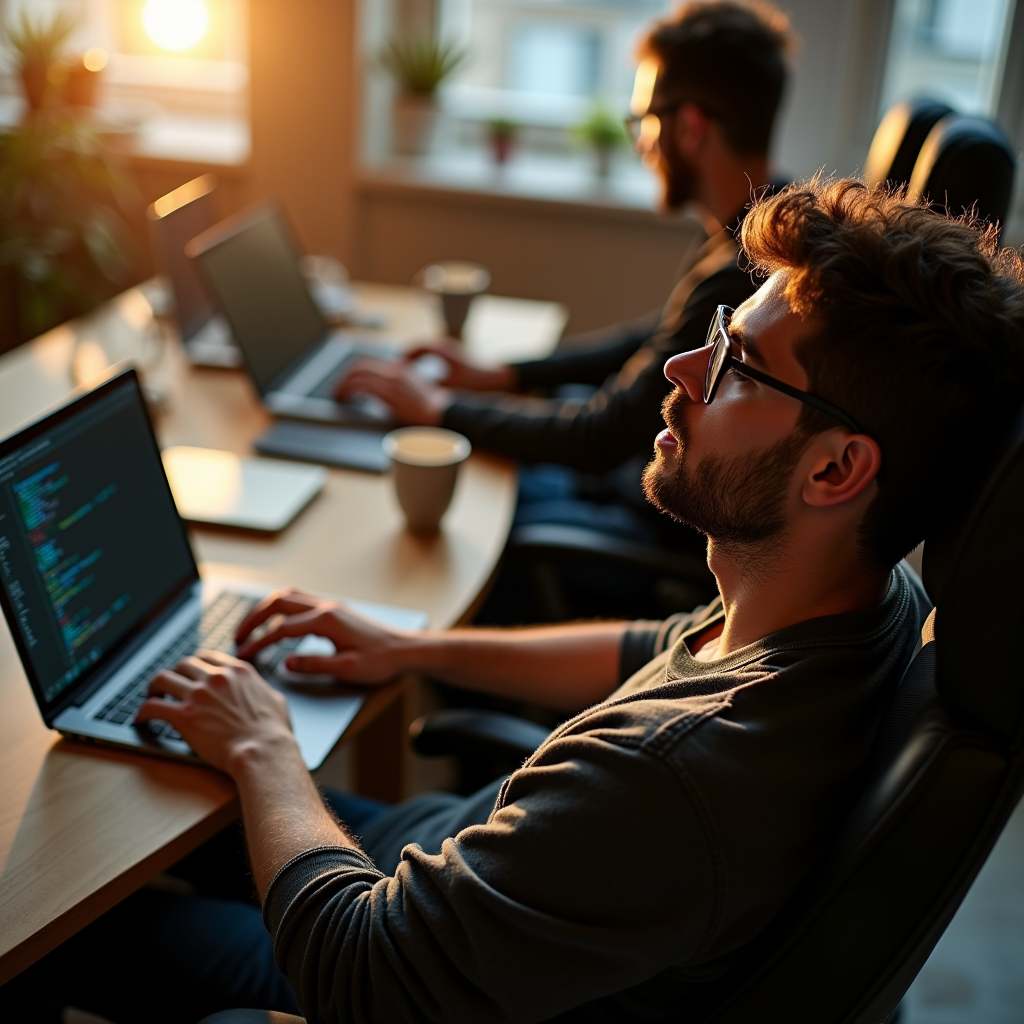 Beginner developer leaning back in a chair, hands gripping a