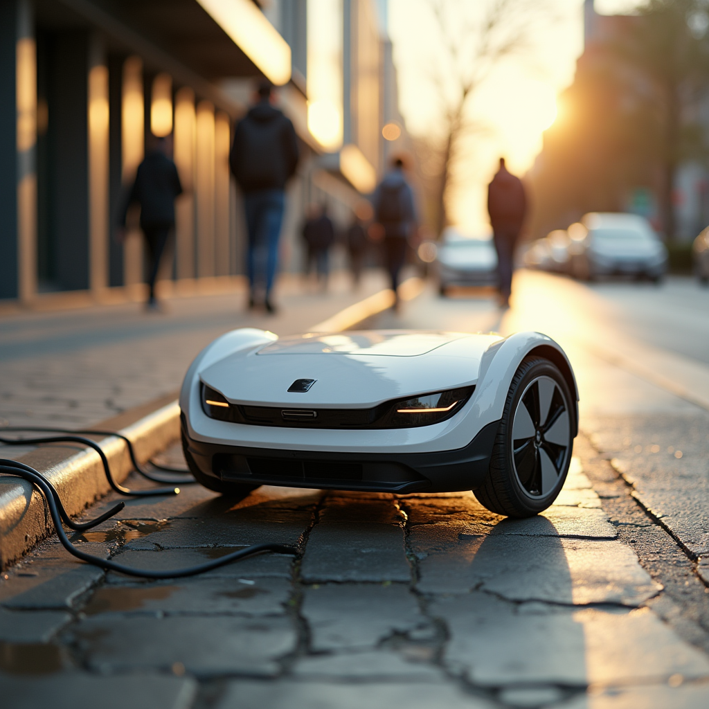 Delivery robot stuck on a cracked sidewalk curb, tangled cha