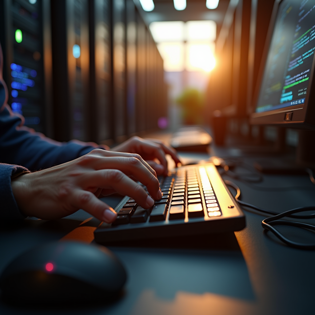 A developer’s hands hover over a backlit mechanical keyboard