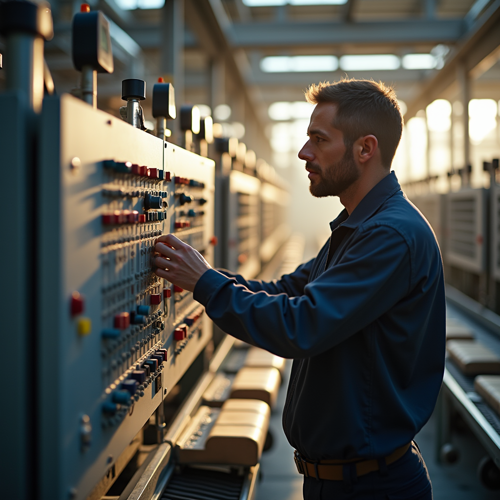 A technician adjusts a modular control panel on a factory fl