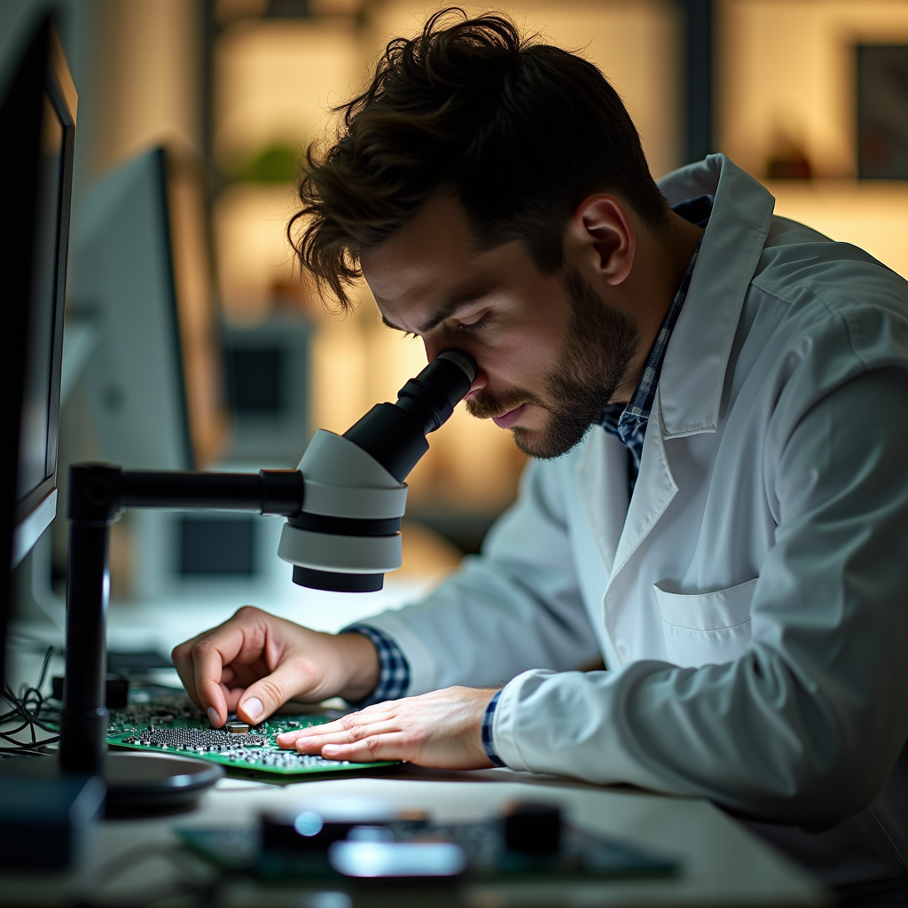 A researcher in a clean lab coat inspects a circuit board un