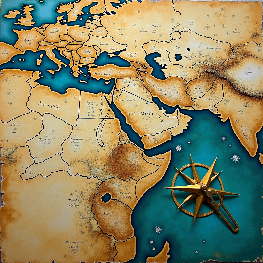 A cartographer drawing precise geometric lines on aged parch