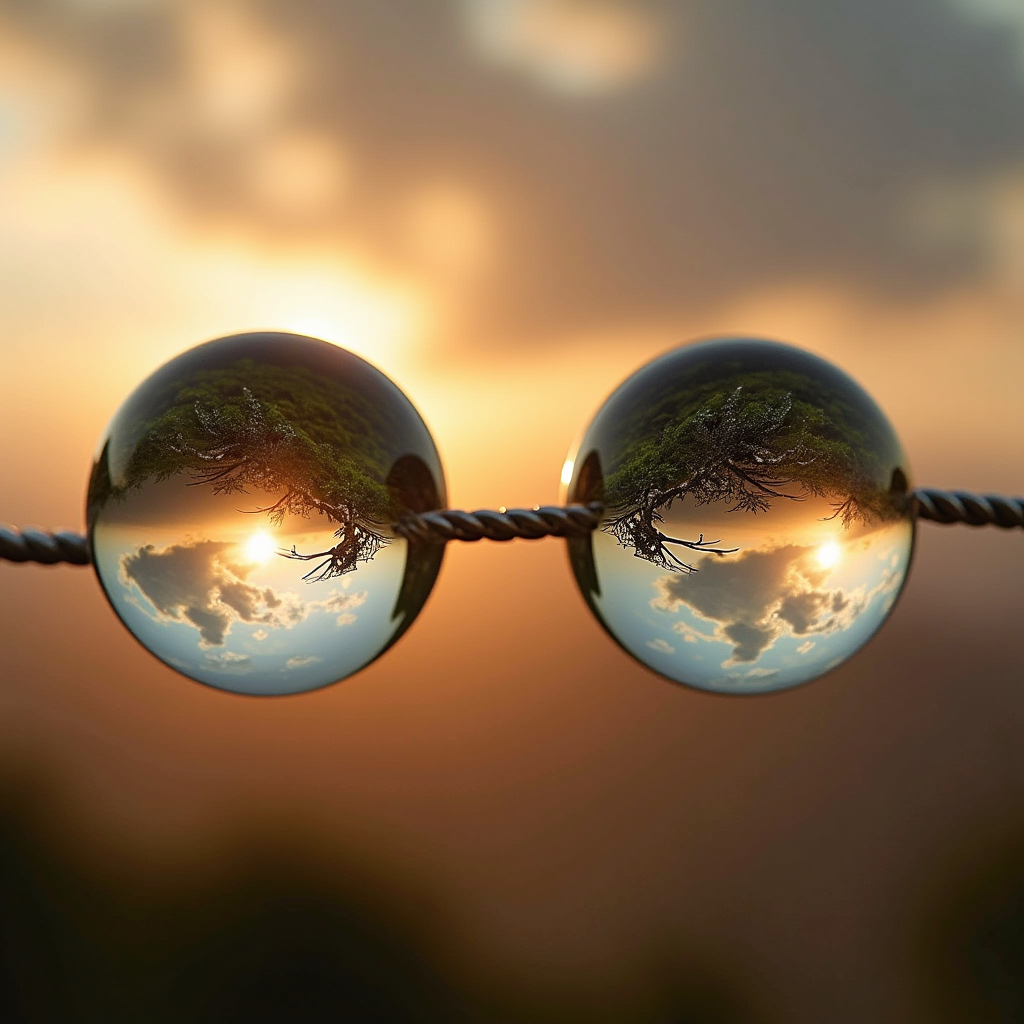 Two identical glass marbles connected by a taut silver wire,