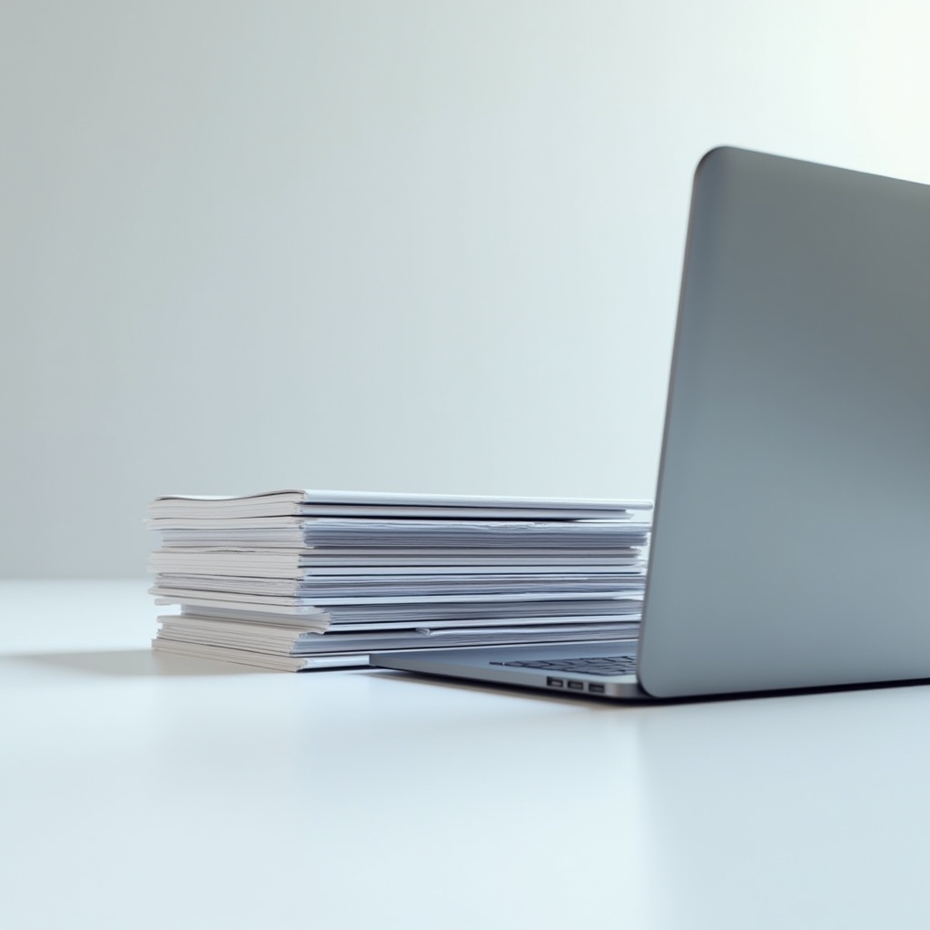 A stack of thick technical manuals sits beside a laptop, pho