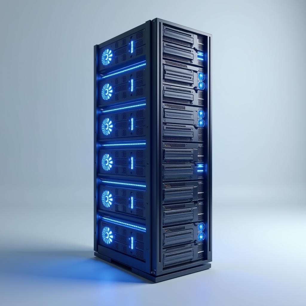 A towering server rack filled with glowing GPU modules, capt