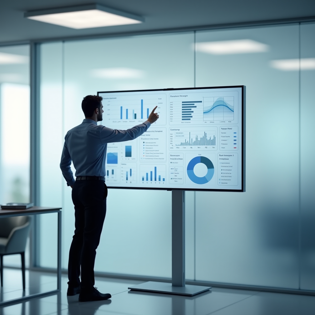 A product manager taps a large interactive touchscreen displ